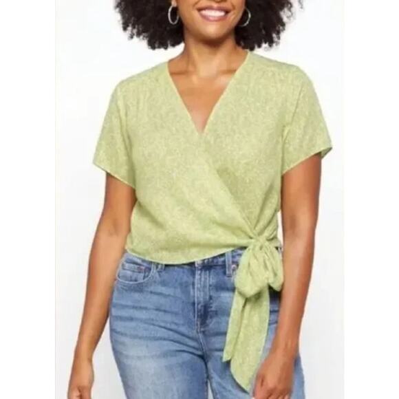 Lush Sage Green Ditsy Floral Wrap Shirt Side Tie Career Springcore Feminine - Picture 1 of 7